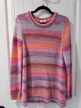 GAP Women's Pink, Purple & Orange Striped Crewneck Sweater